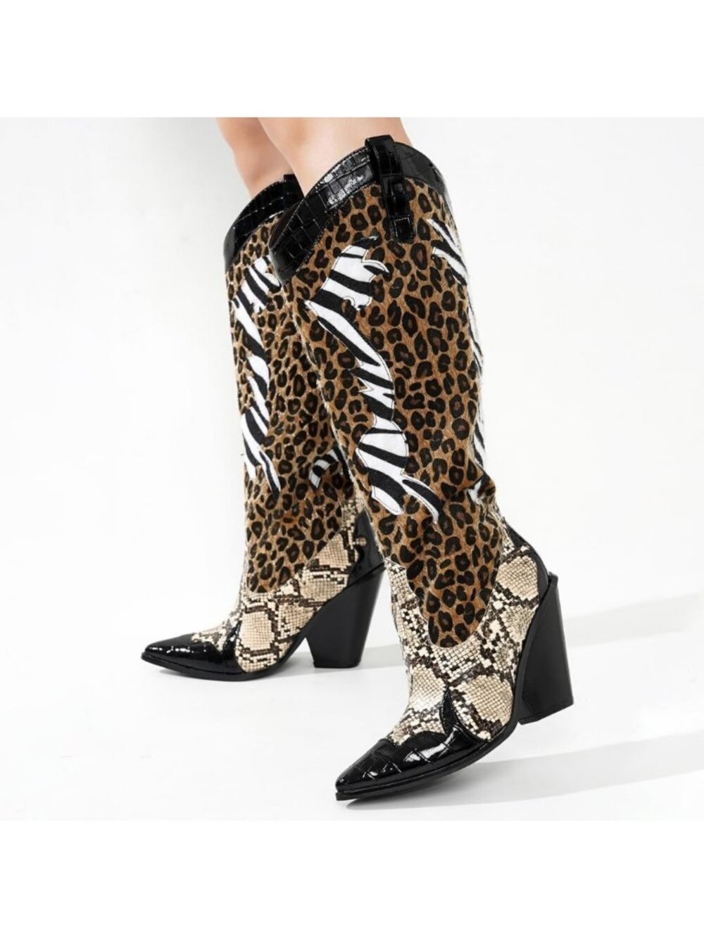 Women's Black Polyurethane Animal Print Pull-On Pointed Toe Over The Knee Boots - Picture 6 of 6
